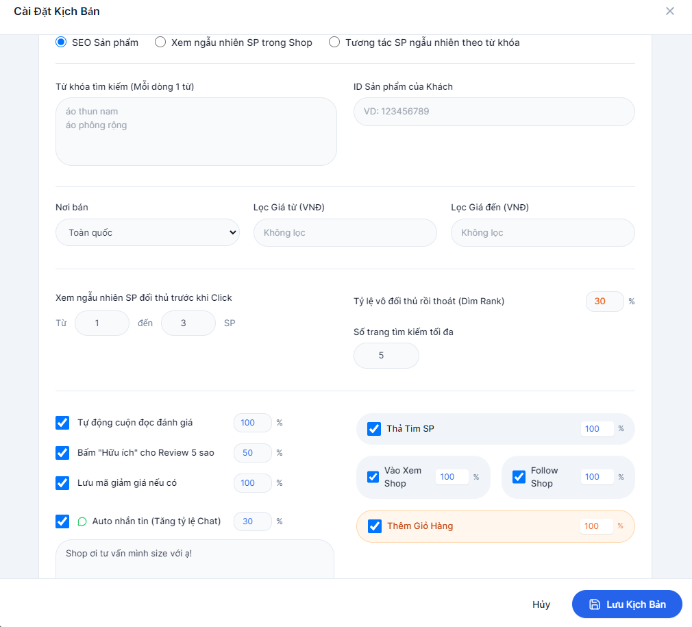 Giao diện cấu hình kịch bản SEO trong WantSeoShopee