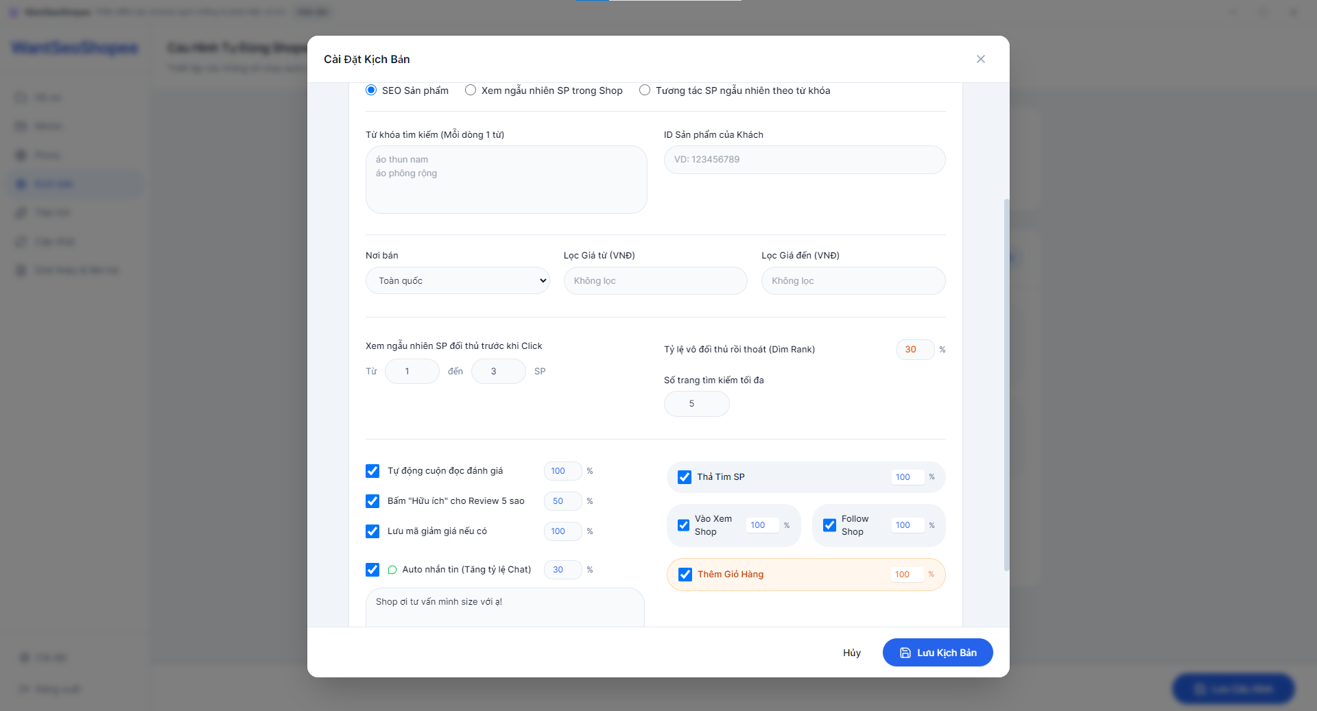 Cấu hình kịch bản SEO trong WantSeoShopee