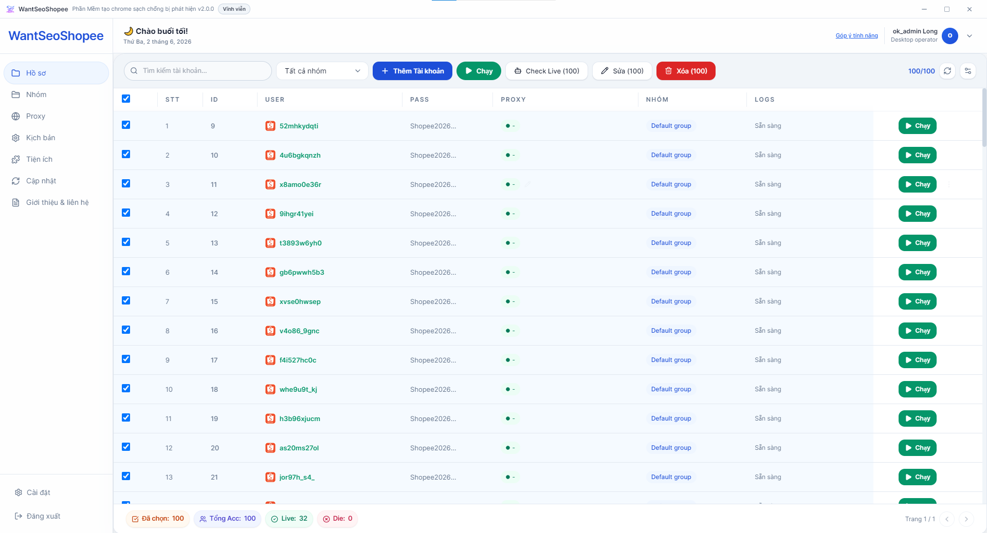 Giao diện chính WantSeoShopee — quản lý hồ sơ
